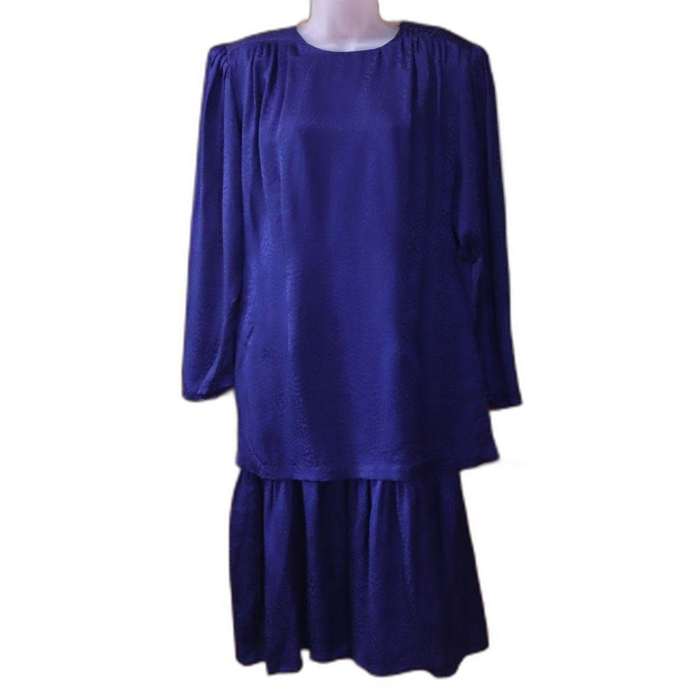 Argenti Vintage 80s Drop Waist Silk Deep Blue Midi Dress 14